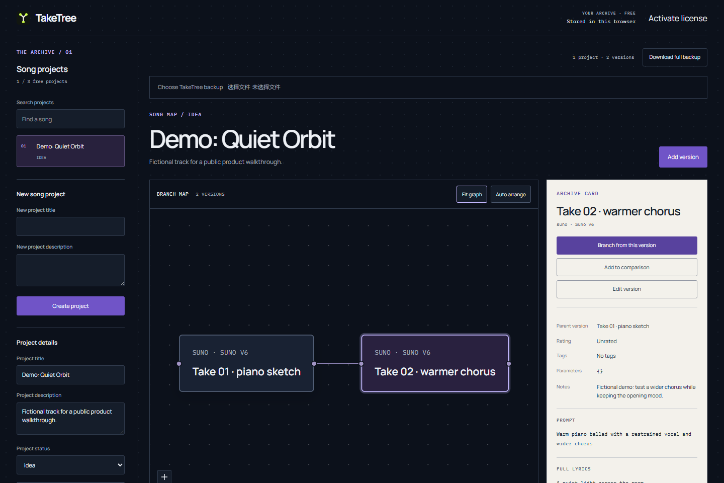 TakeTree version tree showing two fictional Suno takes connected as parent and branch